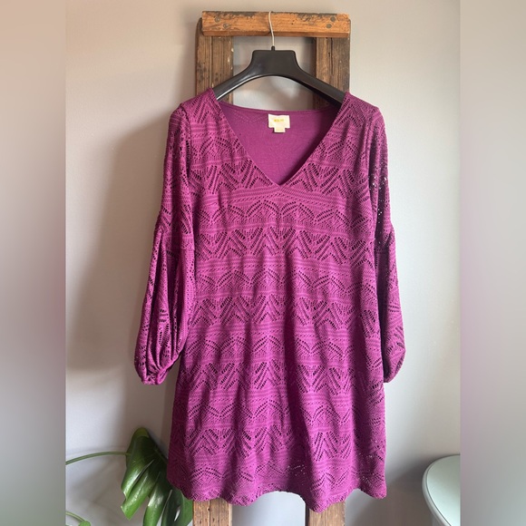 Maeve Anthropologie Purple Crochet Balloon Sleeve Boho Beach Festival Dress Sz M - Picture 2 of 10